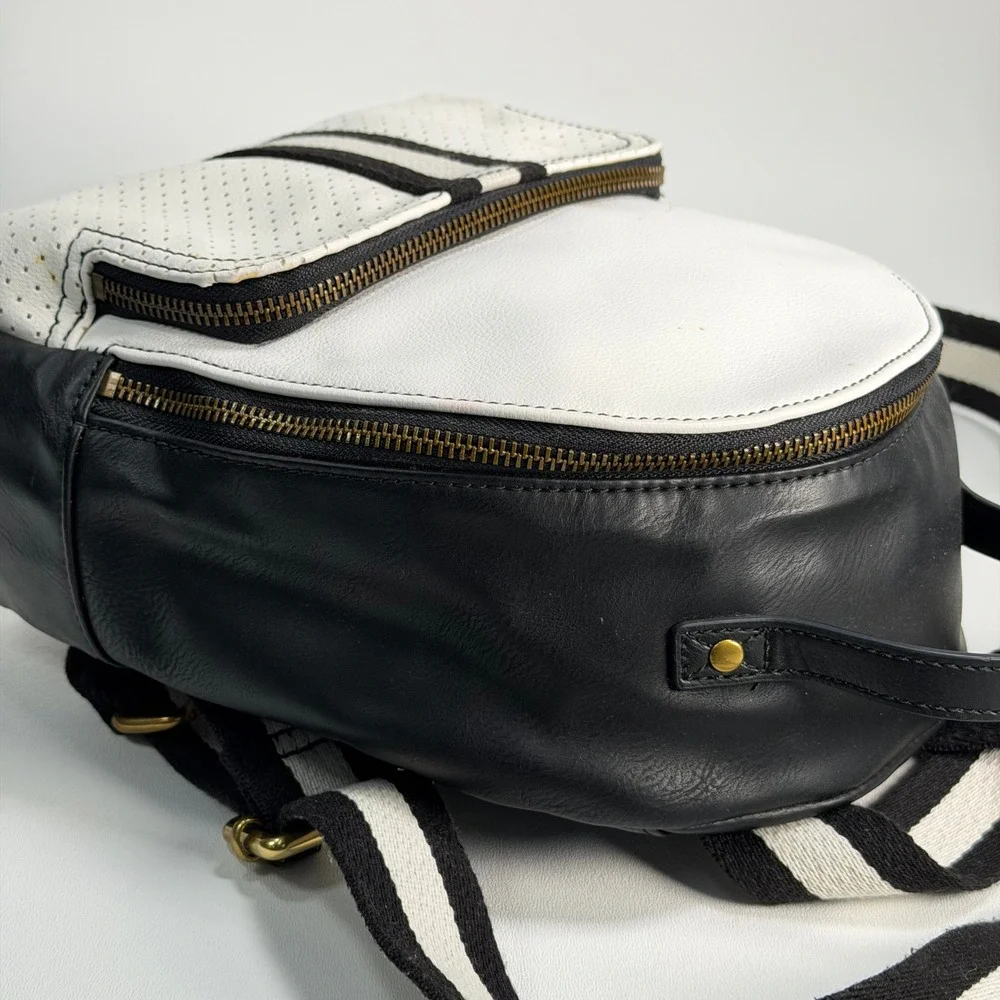 Fossil Megan Mini Backpack Women Small Black White Perforated Leather Stripe Bag